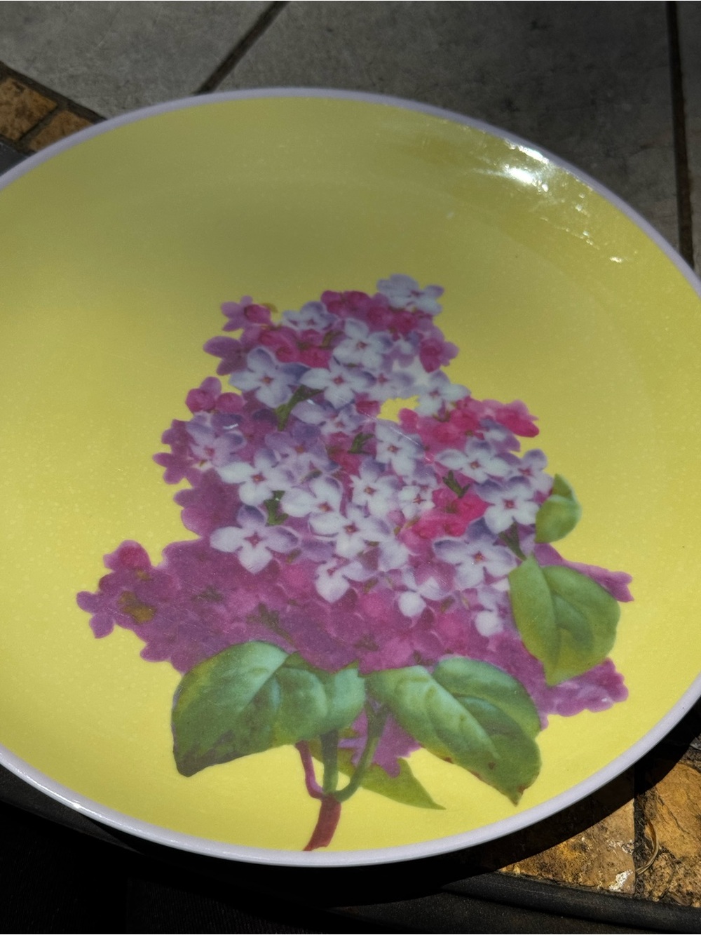10 Yellow Floral Anthropologie Melamine Plates with Pink & White Lilac Motif